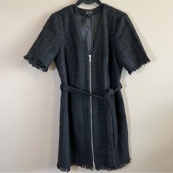 ✨ Bardot Boucle Tweed Zip Front Frayed Hem Dress Medium 8 Black - Picture 2 of 11